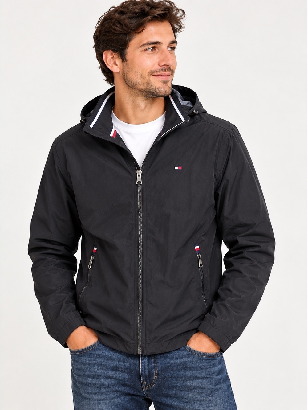 Tommy Hilfiger Men’s XL Black Hooded Windbreaker Jacket Y2K Fall Preppy